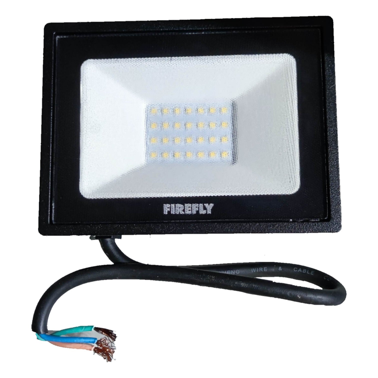 LED flood light with 'Firefly' branding on a white background