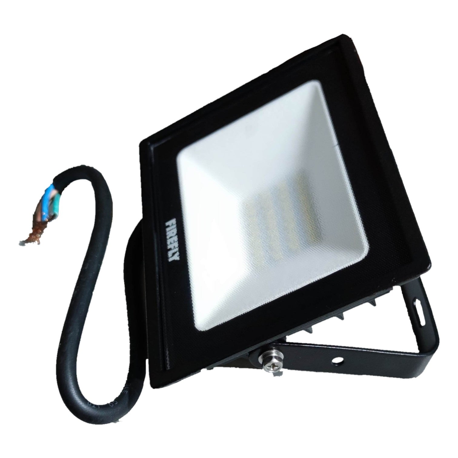 Black flood light with visible brand name on a white background