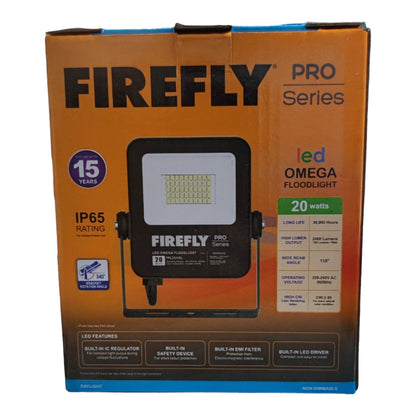 Firefly Pro Series LED Omega Floodlight packaging on an orange background