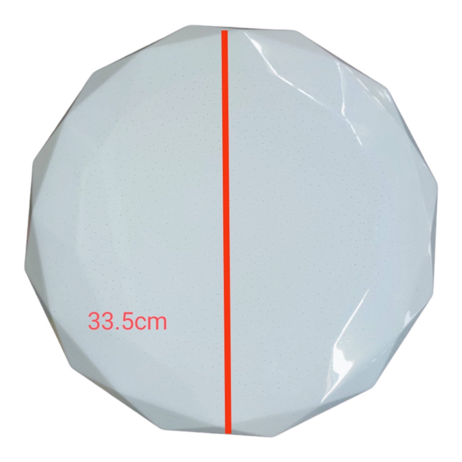 Octagonal white object with a red line and measurement '33.5cm' on a white background