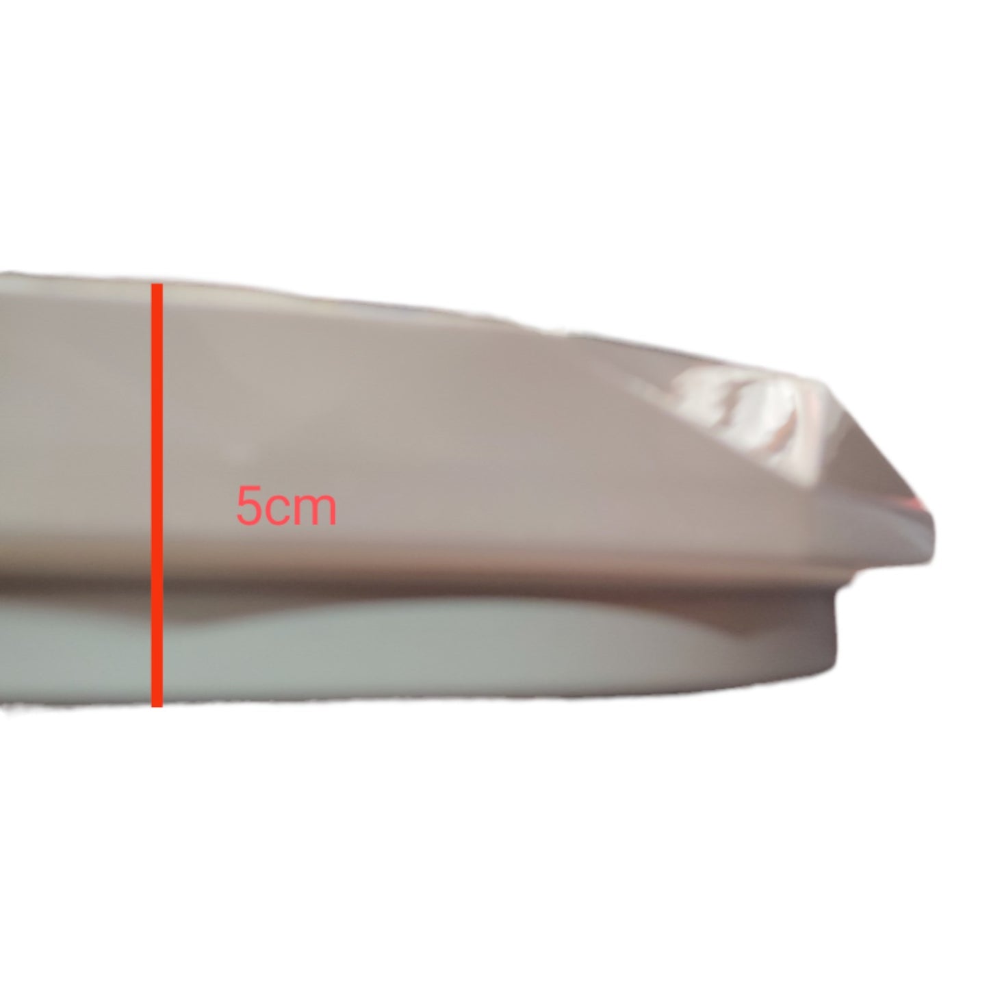 Close-up of a white plastic strip with a red line and '5cm' label on a white background