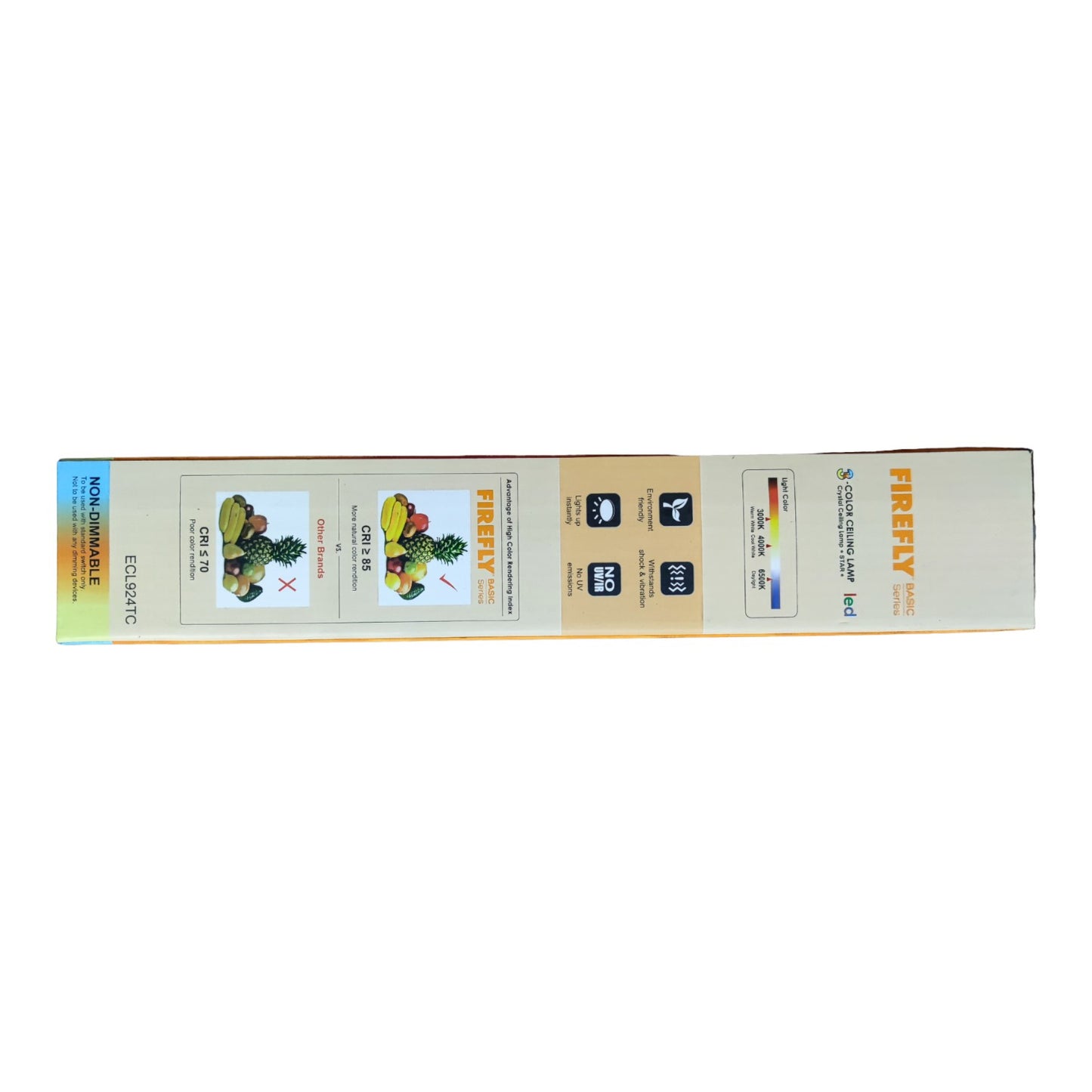 Long rectangular product packaging with colorful labels on a white background