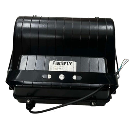 Black outdoor light fixture with 'Firefly' branding on a white background
