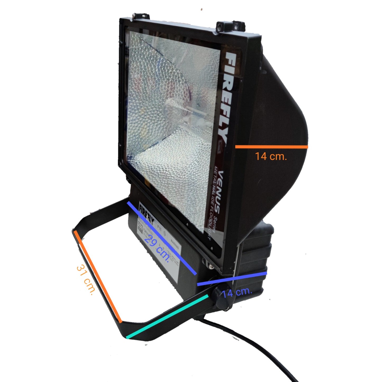 Black floodlight with 'Firefly' branding on a white background