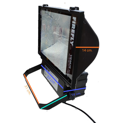 Black floodlight with 'Firefly' branding on a white background