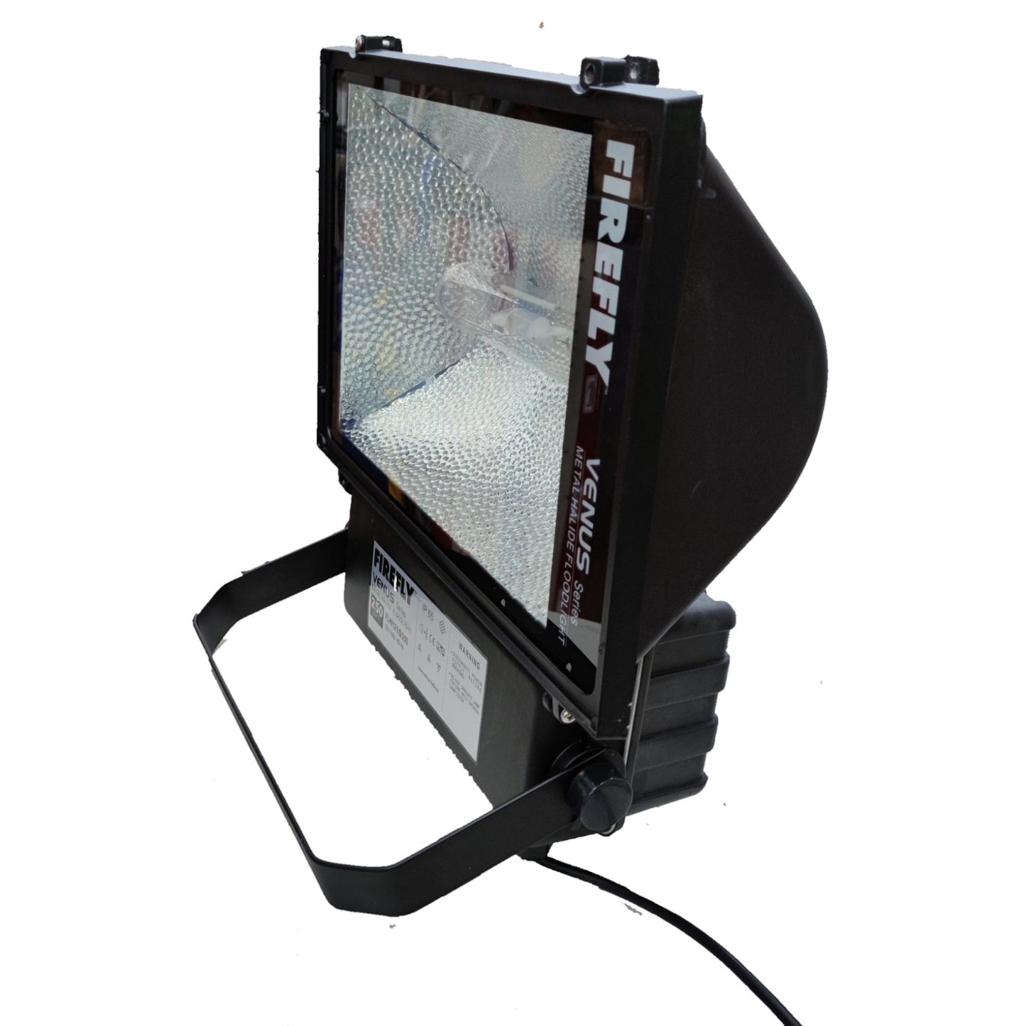 Black floodlight with 'Firefly' branding on a white background