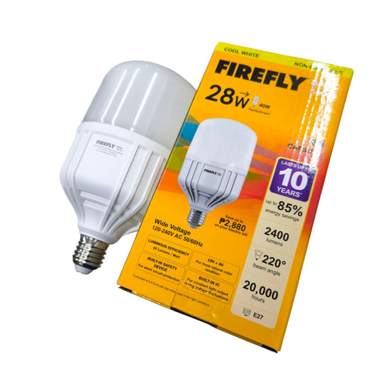 Firefly 28W LED capsule bulb E27 with white light and energy-saving features next to its bright yellow packaging
