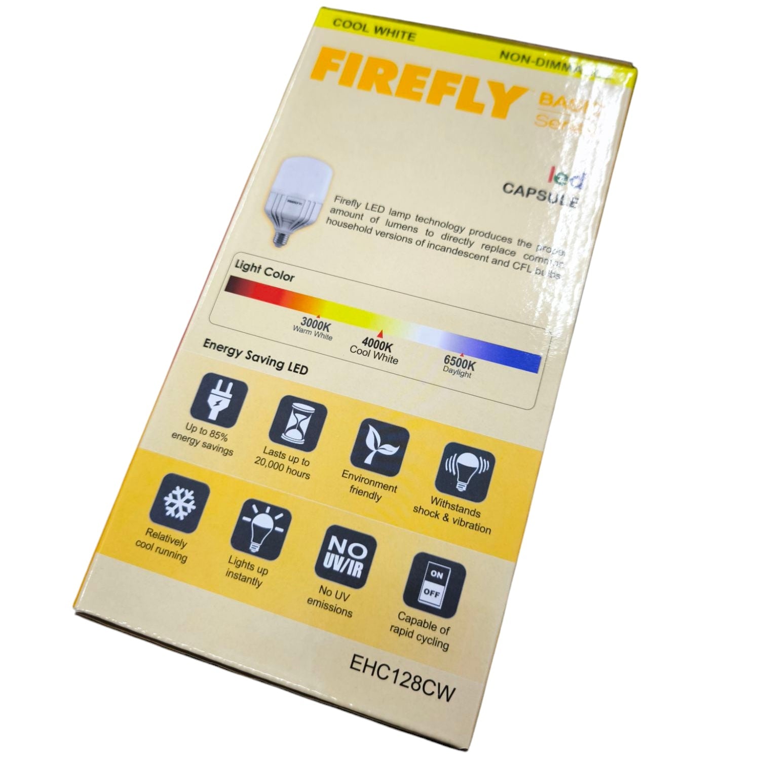 Firefly 28W LED capsule bulb E27 packaging showing energy saving and light color features