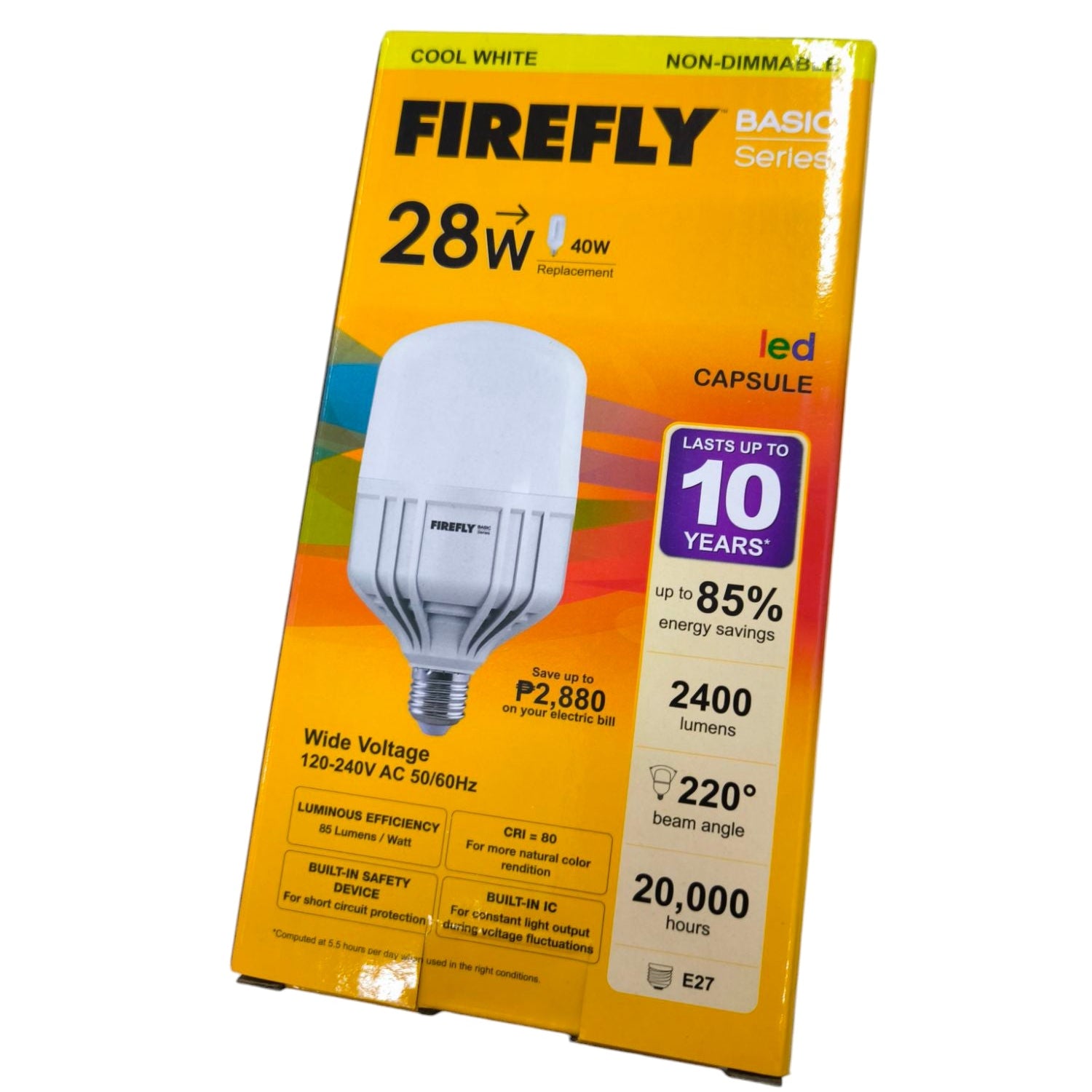 Firefly 28W LED capsule bulb E27 packaging showing energy savings and lifespan features