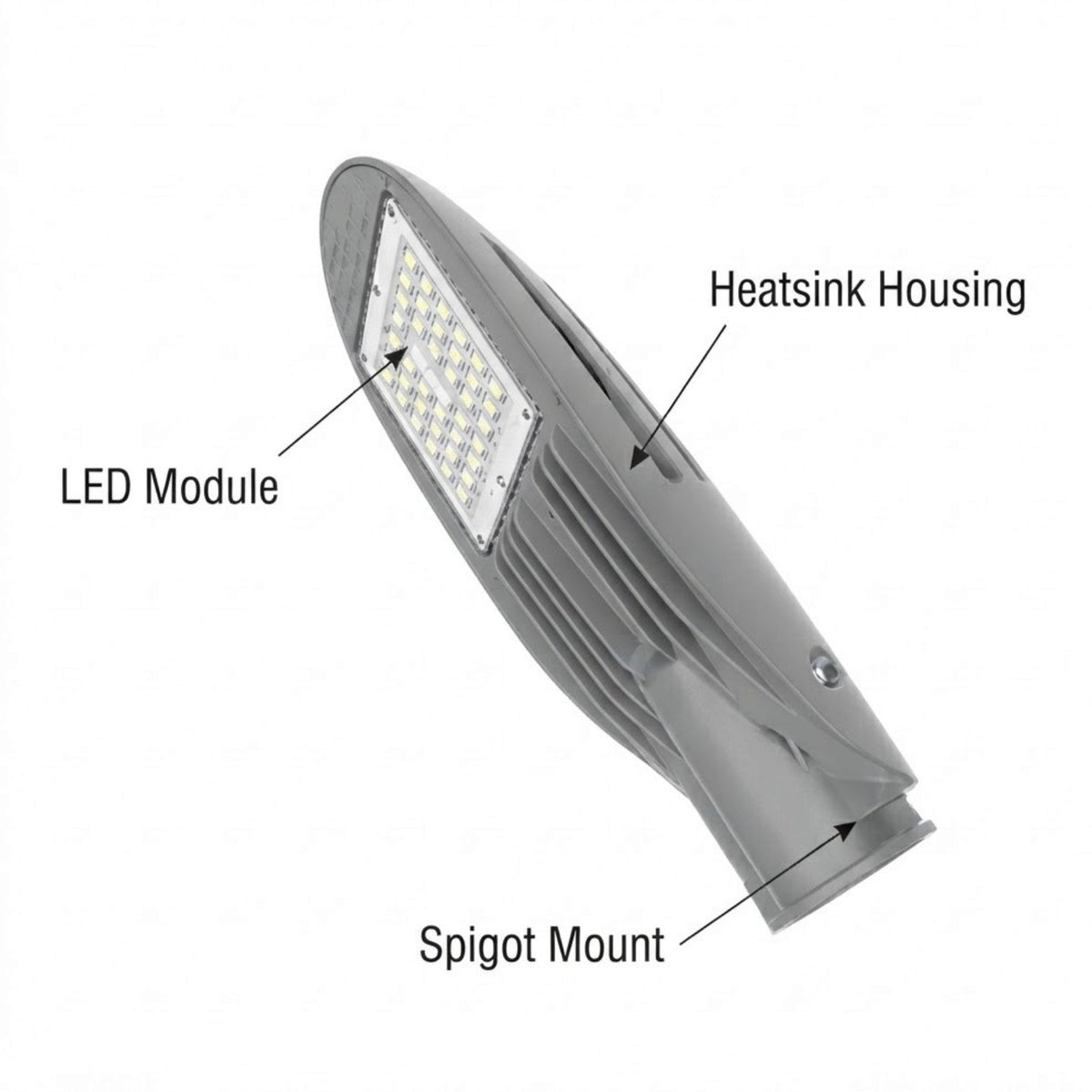 A gray LED street light with labeled callouts pointing to the LED Module, Heatsink Housing, and Spigot Mount on a plain white background.