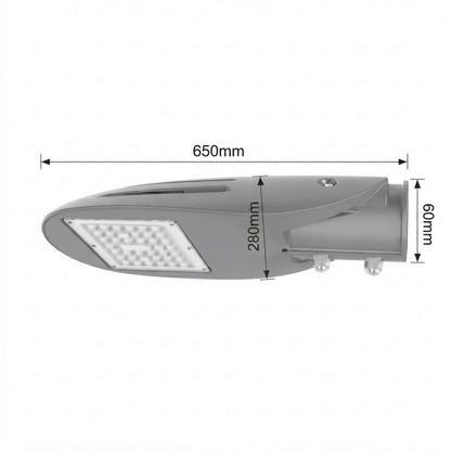 A gray LED street light shown in a side profile view with dimension lines and labels indicating a length of 650mm, height of 280mm, and mounting width of 60mm, on a plain white background.