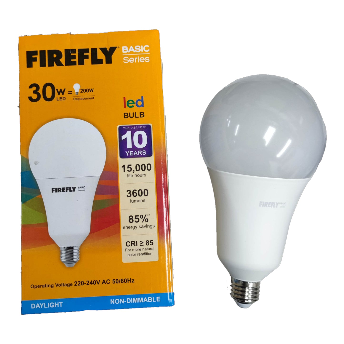 Firefly LED bulb packaging with a white LED bulb on a white background
