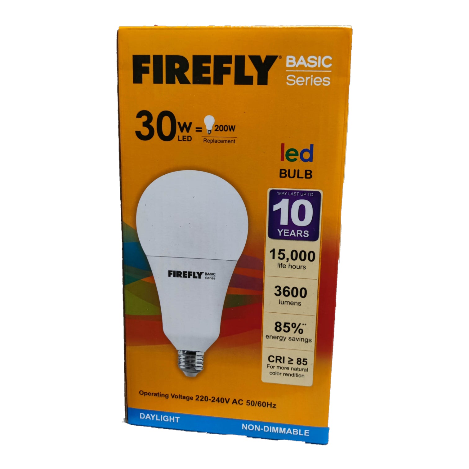 Firefly LED bulb packaging with specifications on a white background