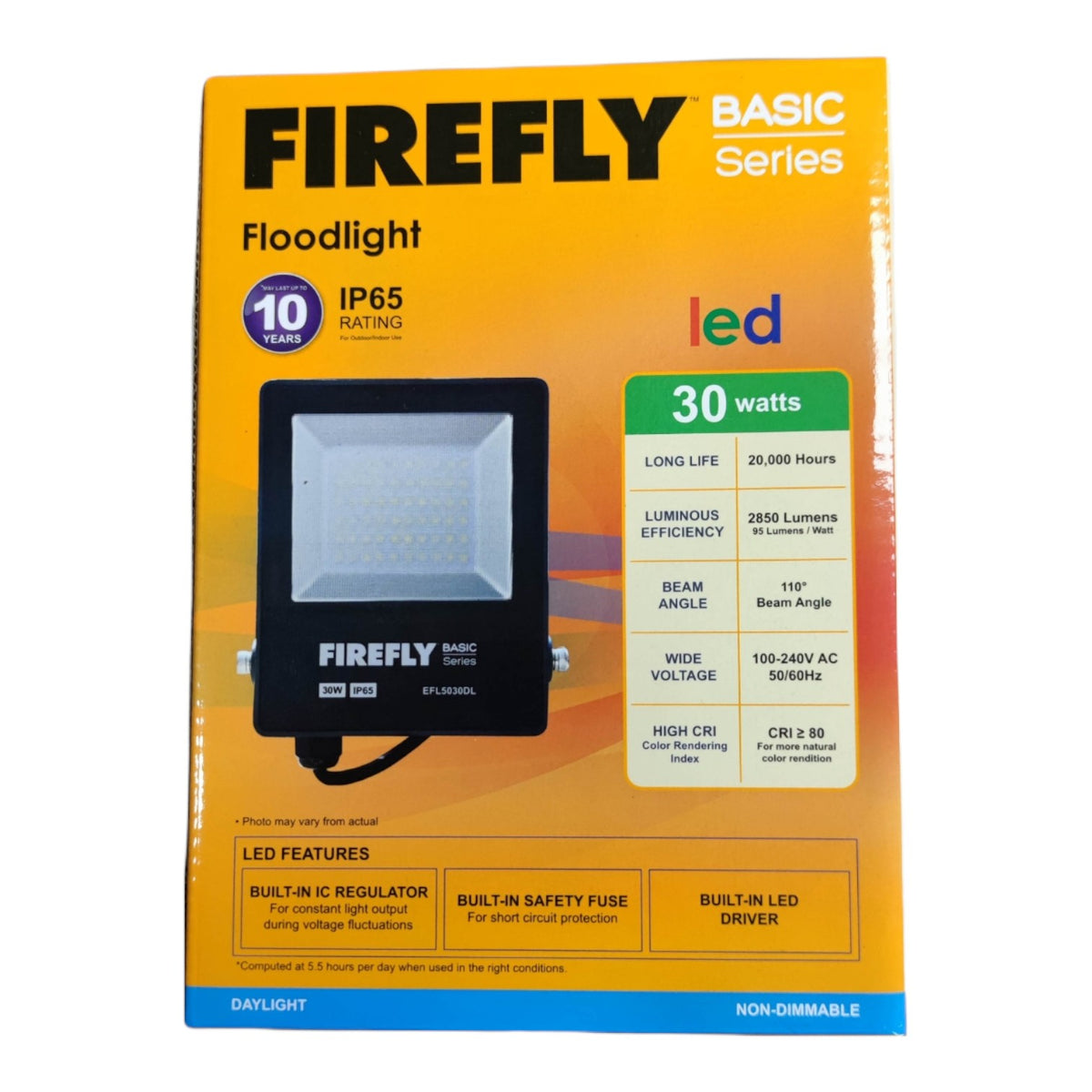 Firefly Basic Series LED floodlight packaging with specifications on a white background