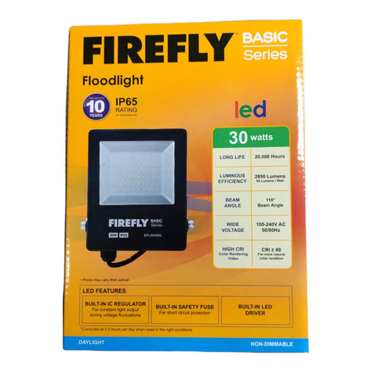 Firefly Basic Series LED floodlight packaging with specifications on a white background