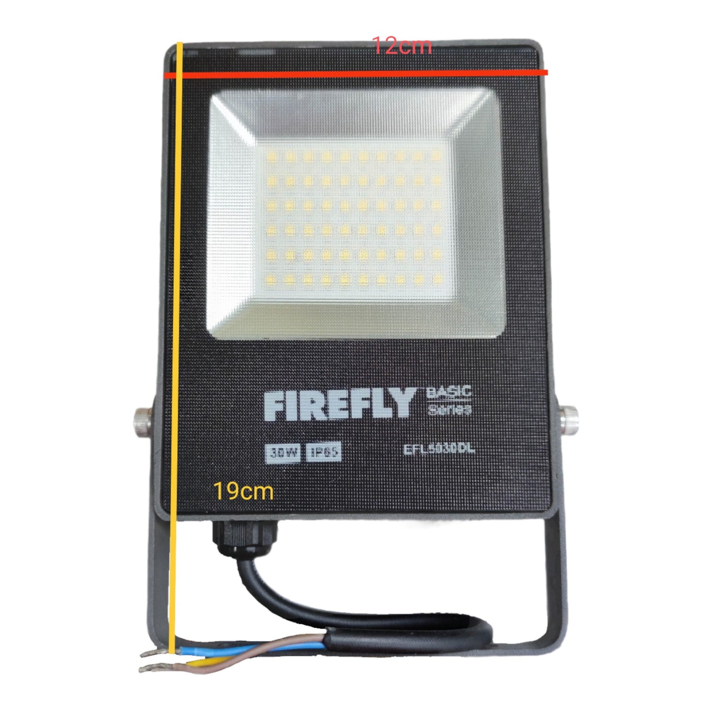 LED flood light with dimensions labeled on a white background