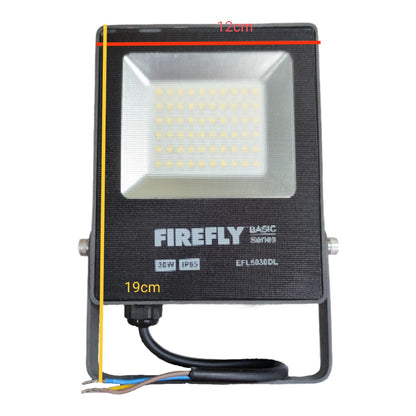 LED flood light with dimensions labeled on a white background