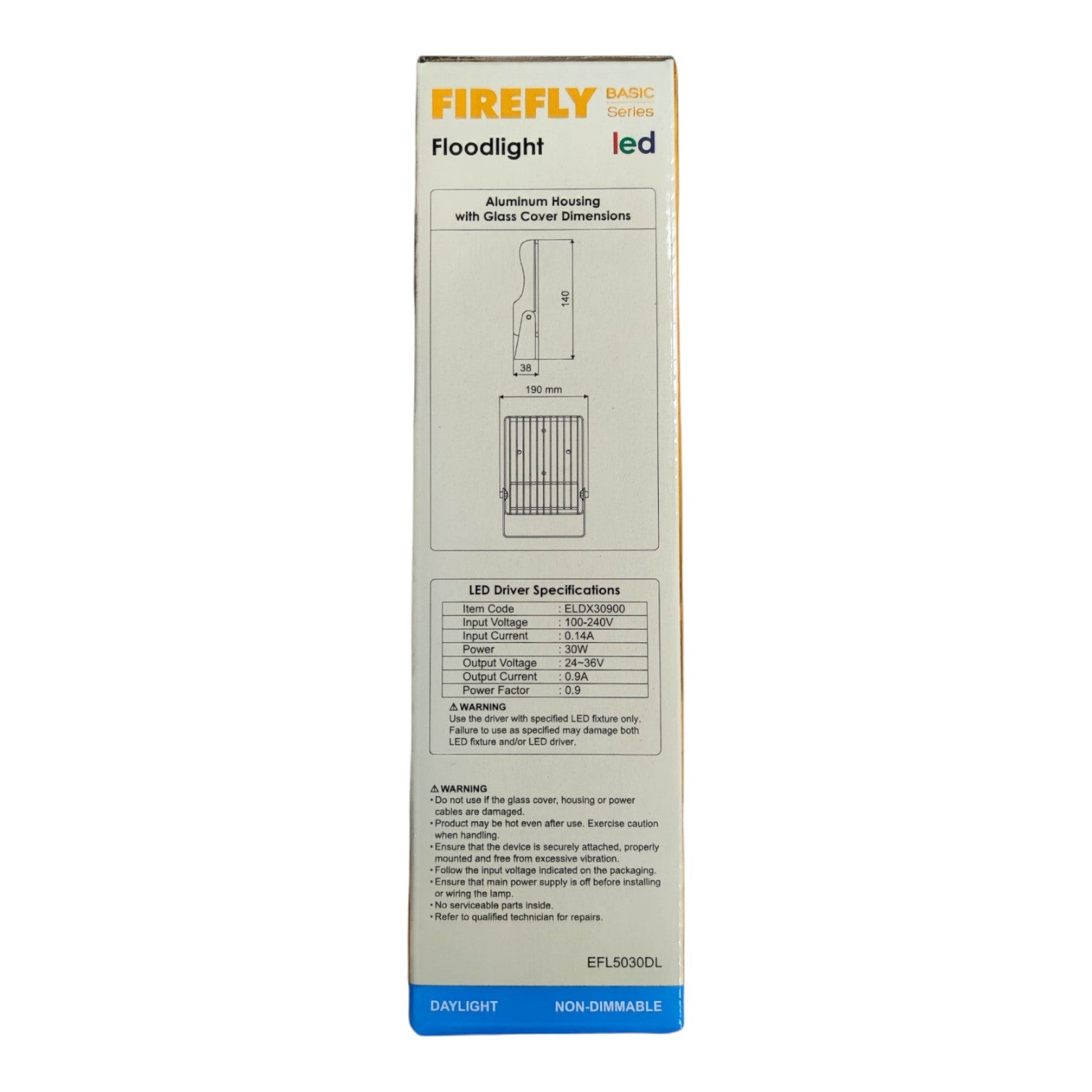 Box packaging of Firefly Basic LED Floodlight on a white background
