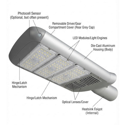 A labeled technical-style diagram of a street light showing parts such as the photocell sensor, LED modules, die-cast aluminum housing, hinge/latch mechanism, and heatsink fin, on a white background.