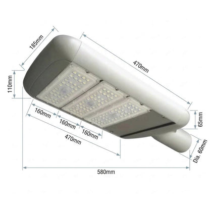 A white LED street light fixture shown on a white background with multiple dimension labels and measurement lines indicating width, length, height, and diameter.