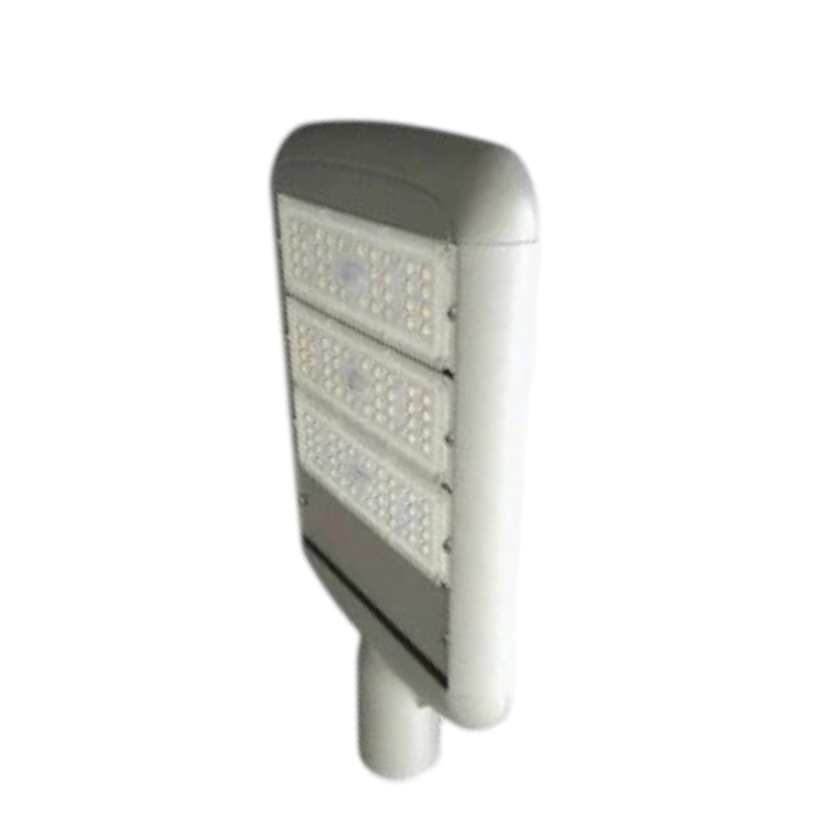 A modern LED street light fixture with a white housing and a gray top housing three illuminated LED panels, shown on a plain white background.