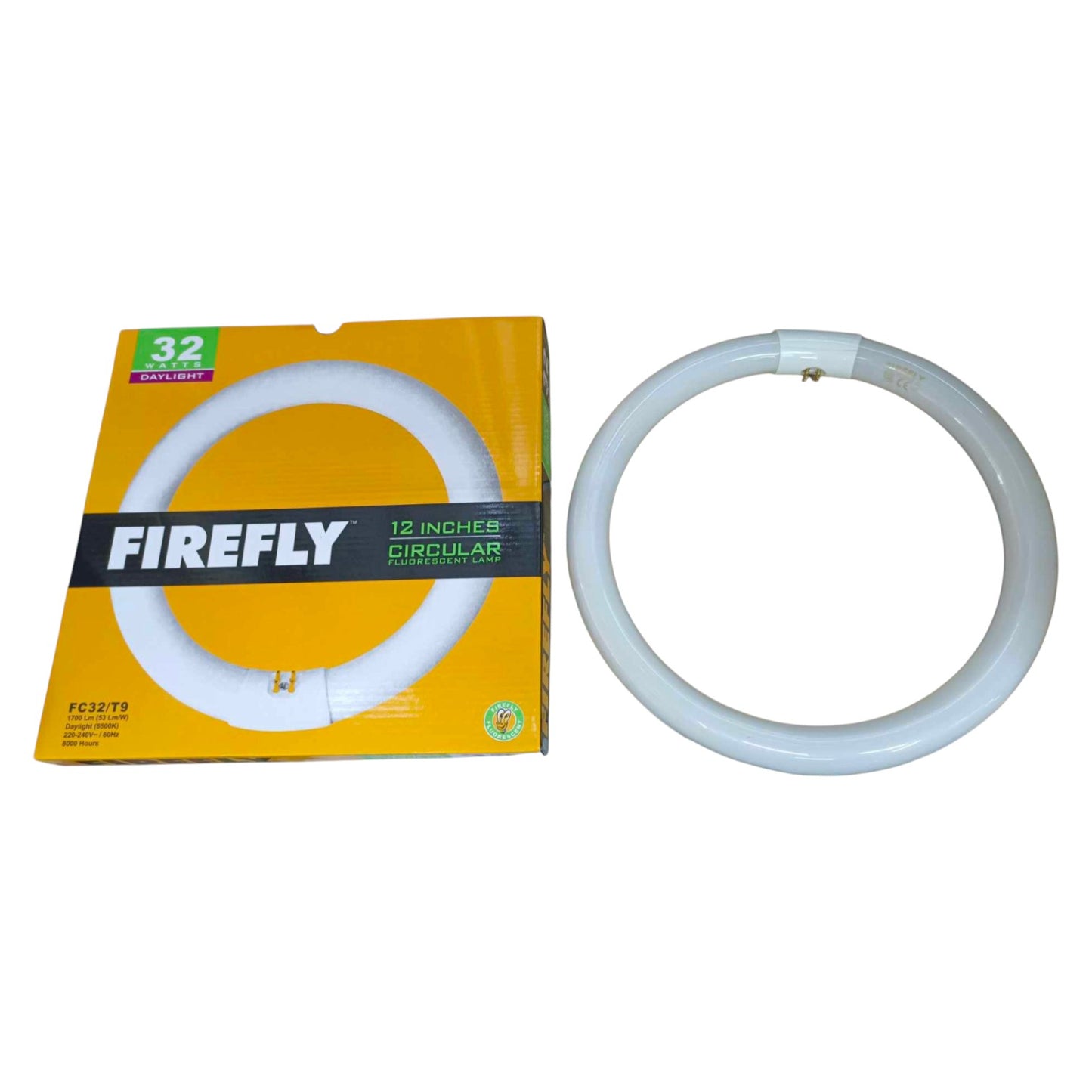 Circular light bulb with Firefly packaging on a white background