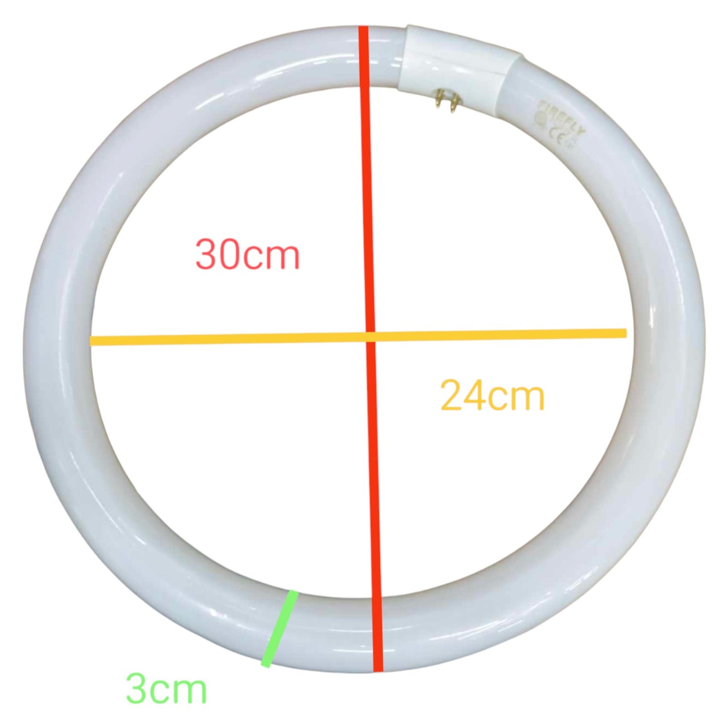 Circular light bulb with measurements on a white background