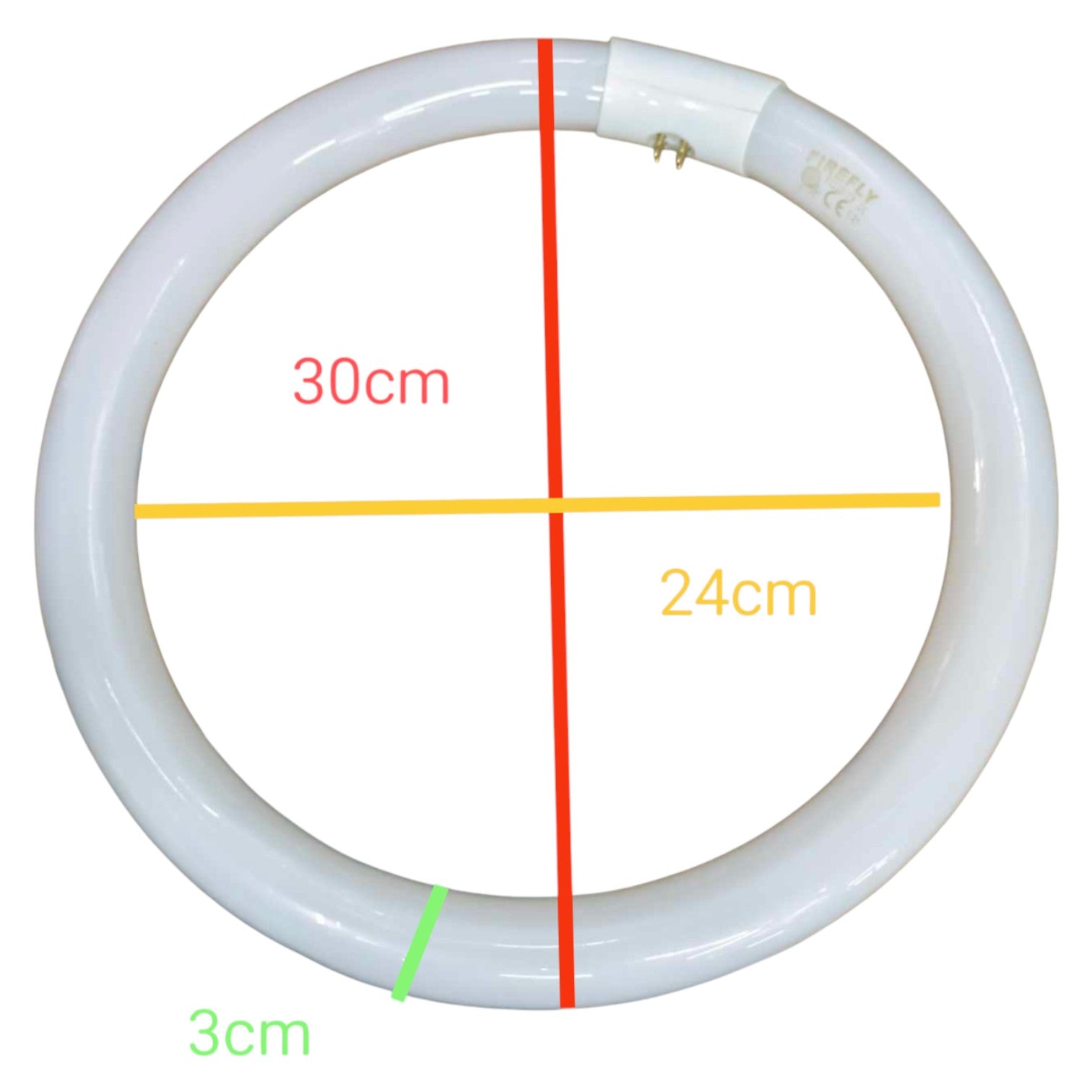 Circular light bulb with measurements on a white background