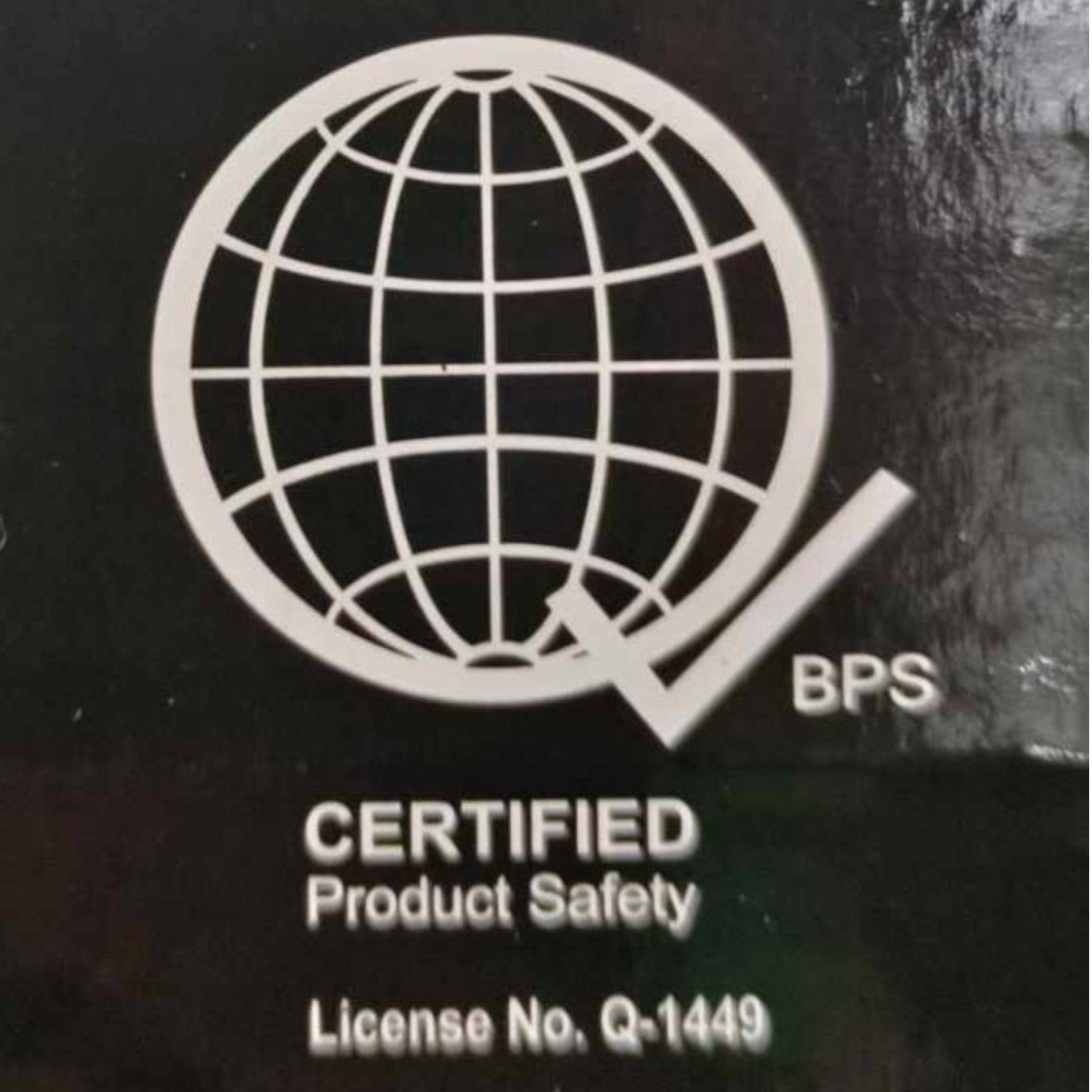 Certified Product Safety logo with globe and text on a dark background
