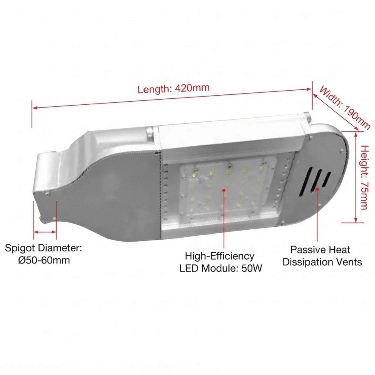 A technical dimension diagram of a silver LED street light fixture, showing measurements for length, width, height, and spigot diameter with labels on a white background.