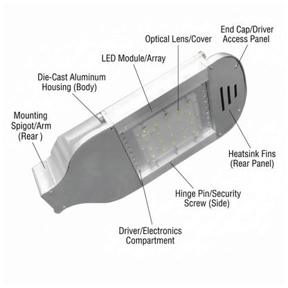 A labeled technical diagram of a rectangular LED light fixture on a white background, with callouts naming parts such as the optical lens, LED module, die-cast aluminum housing, mounting spigot/arm, heatsink fins, and driver/electronics compartment.