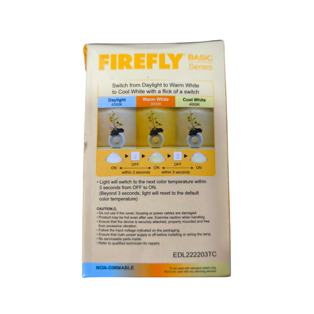 Firefly light bulb packaging on a white background