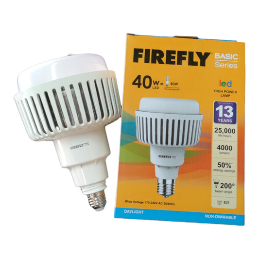 A white FIREFLY LED light bulb with an E10 screw base shown next to its yellow and blue retail packaging box on a plain white background.
