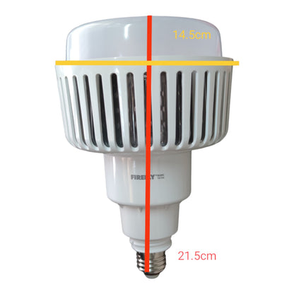 A white LED light bulb with a ribbed metal heat sink and an E14 screw base, shown on a white background with red and yellow measurement overlays indicating 14.5cm width and 21.