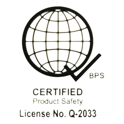 A black certification logo featuring a globe and checkmark with the text 'CERTIFIED Product Safety' and 'License No. Q-2033' on a white background.
