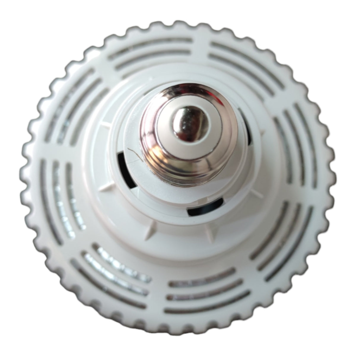 A white plastic ceiling fan blade with a metallic silver central hub, shown against a plain white background.