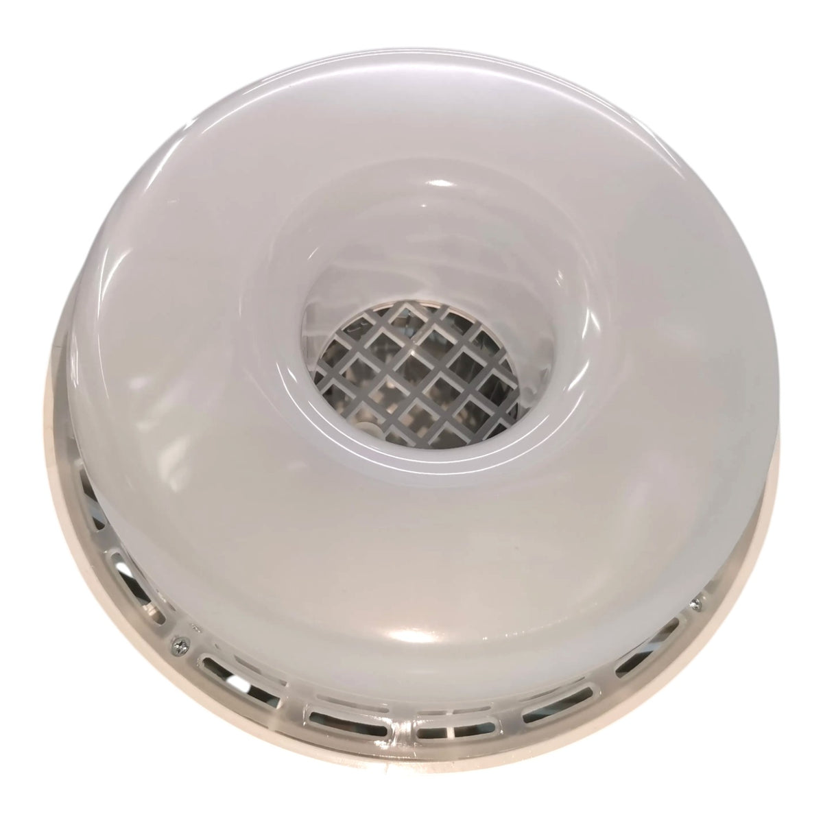 A circular white plastic vent or air duct cover with a central mesh filter and a silver metal rim, shown against a plain white background.