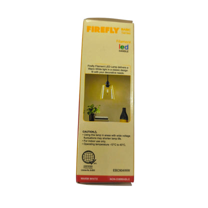 Firefly LED lamp packaging on a white background Firefly 4W LED Bulb Candle Filament Type E14 3000K Warm White 220V EBC904WW Electx Electrical Supply