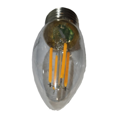 Clear LED light bulb with visible filaments on a white background