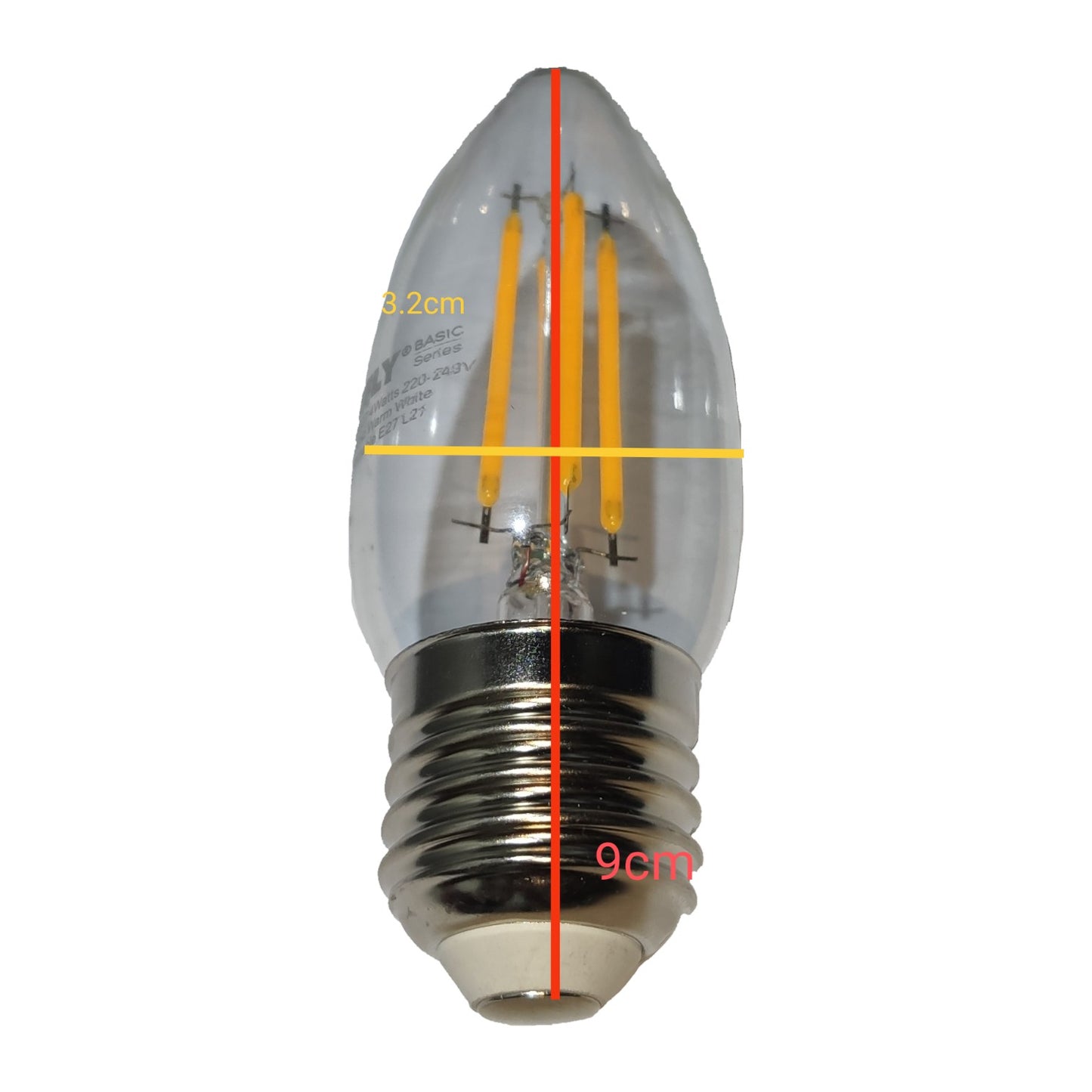 Candle-shaped LED bulb with measurements on a white background