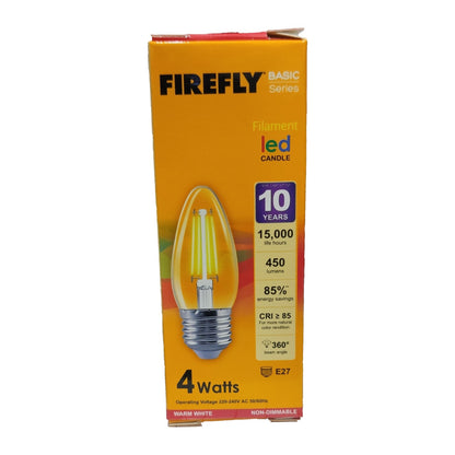 Firefly LED candle bulb packaging on a white background