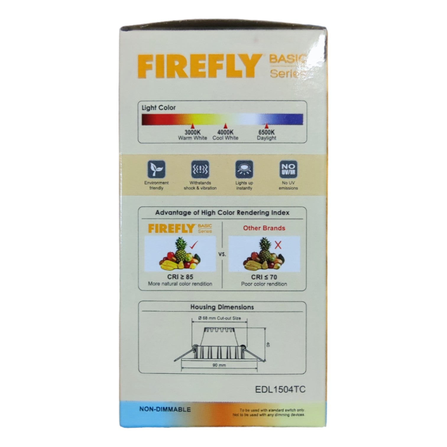 Firefly Basic Series packaging with color rendering index information on a white background