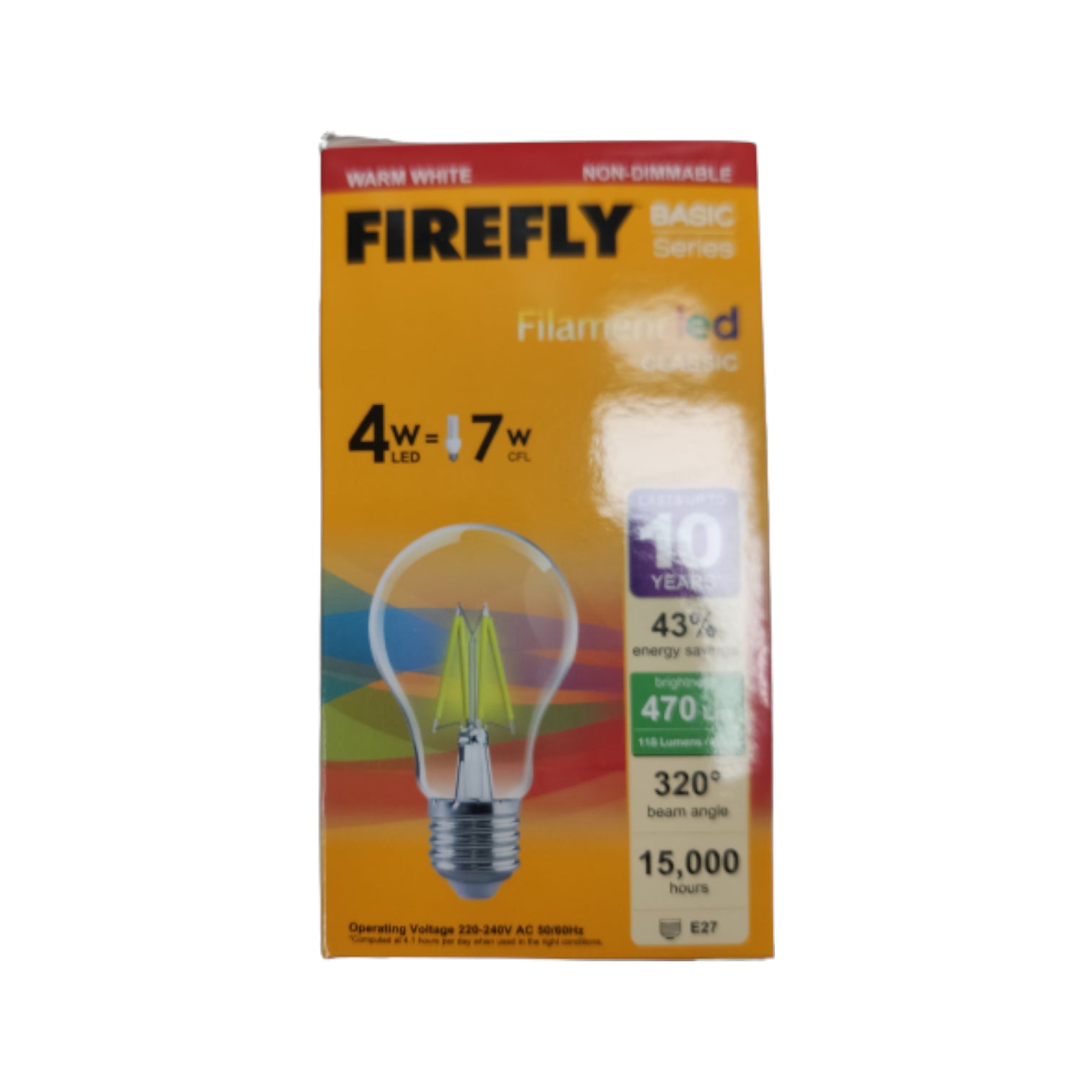 Firefly LED light bulb packaging on a white background