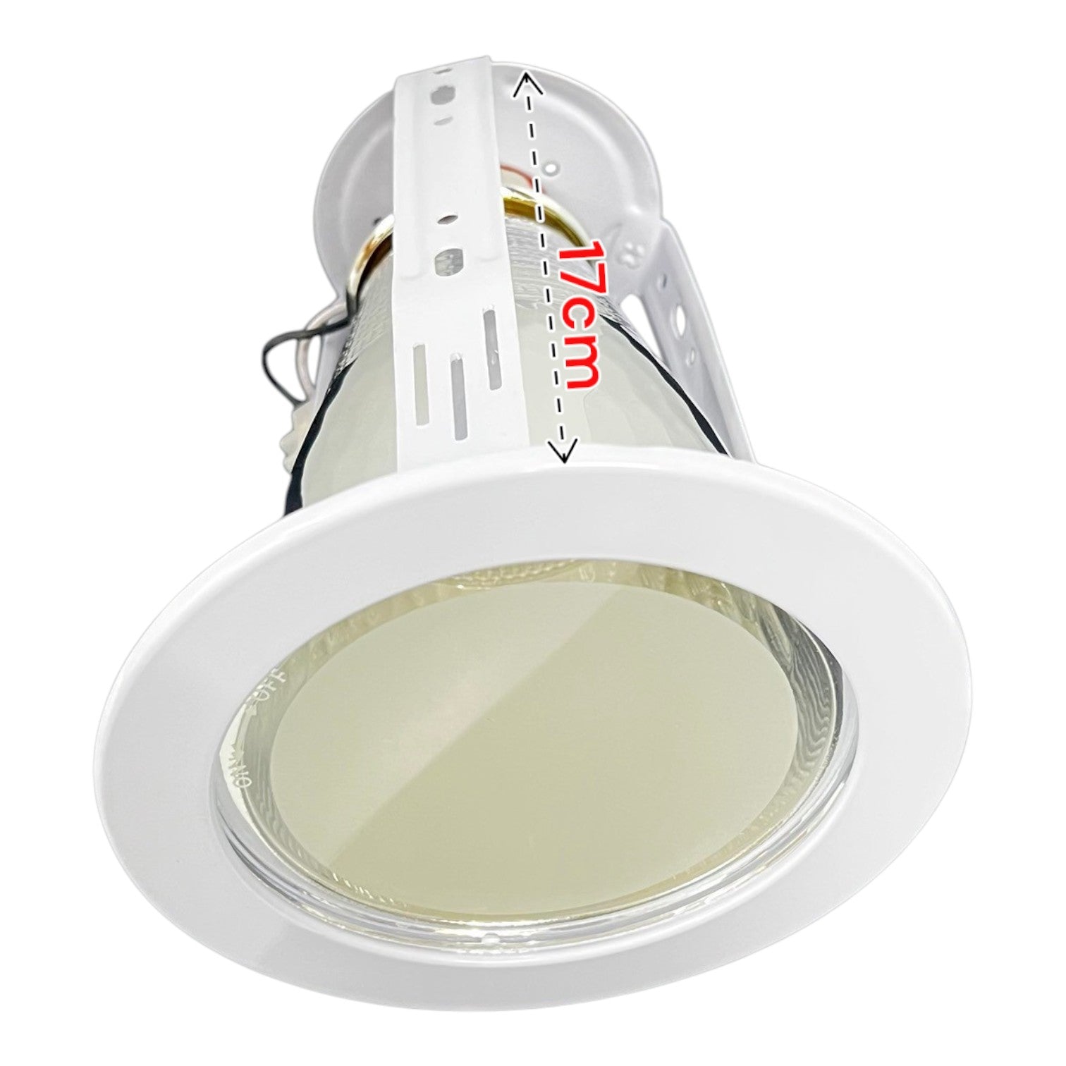 White recessed ceiling light with measurement label on a white background