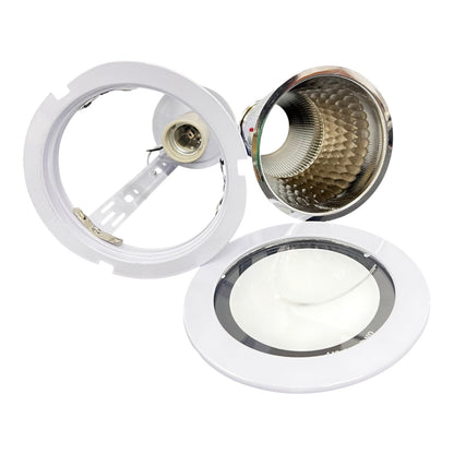 Ceiling light fixture with bulb and reflector on a white background