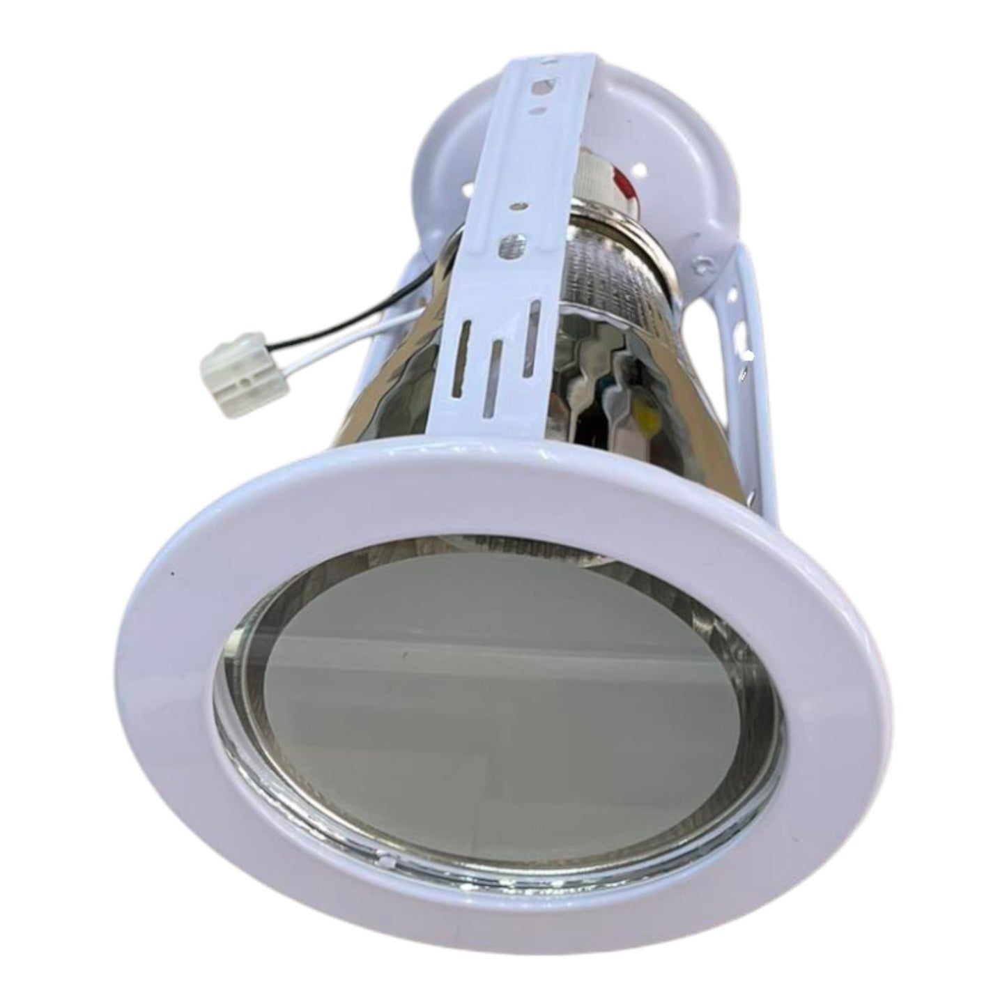 Round recessed ceiling light with white frame on a white background