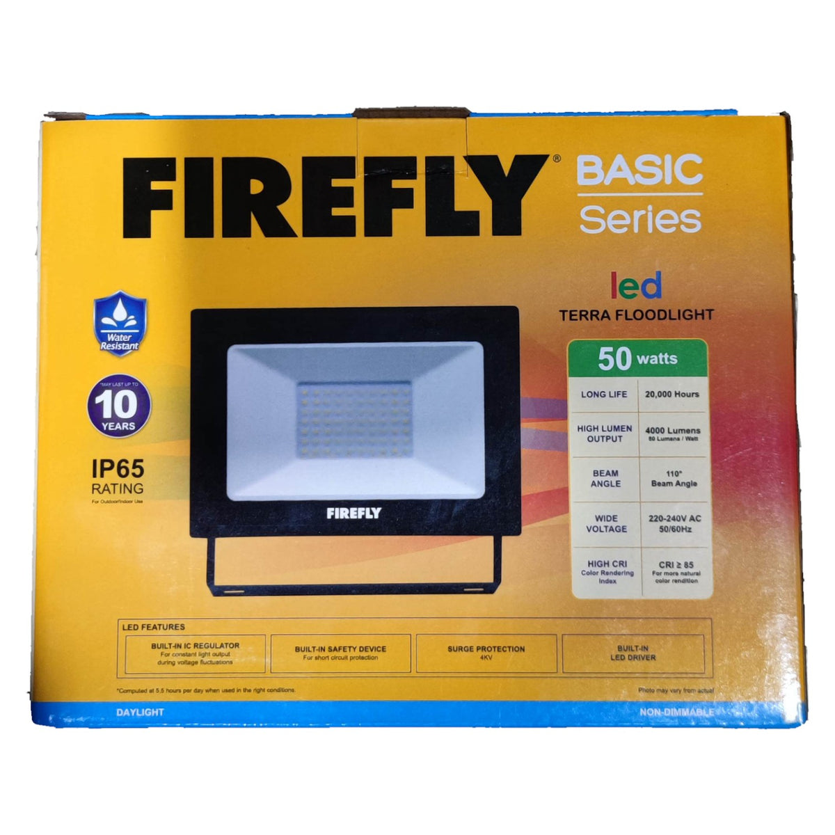 Firefly LED floodlight packaging on a white background