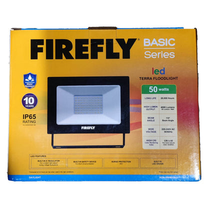 Firefly LED floodlight packaging on a white background
