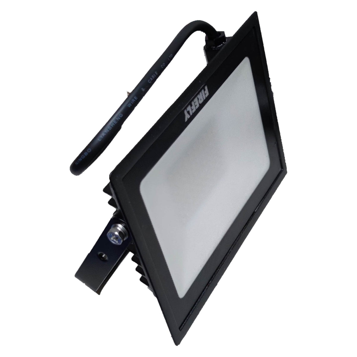 Black flood light with a white reflector on a white background