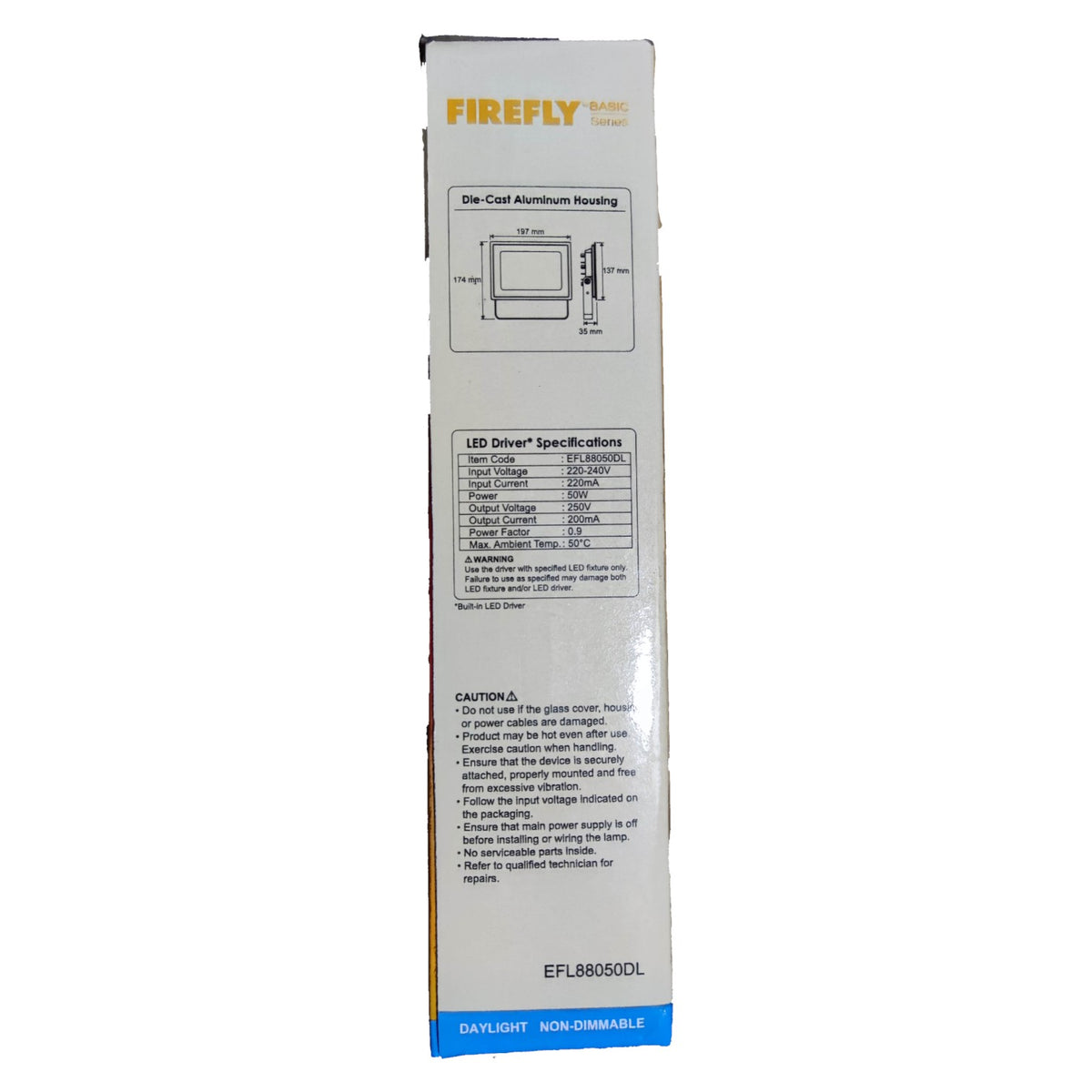 Firefly LED driver packaging with specifications and branding on a white background
